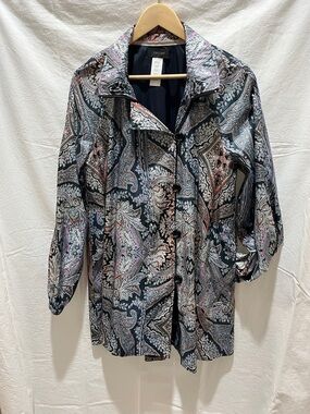 Karen Kane Navy Paisley Trench Coat with Pink & Cream Accents